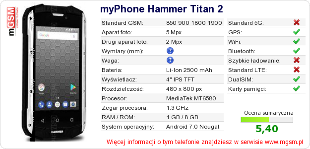 Dane telefonu myPhone Hammer Titan 2