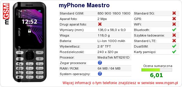 Dane telefonu myPhone Maestro Dane telefonu myPhone Maestro