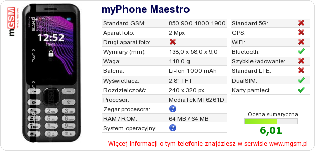 Dane telefonu myPhone Maestro Dane telefonu myPhone Maestro