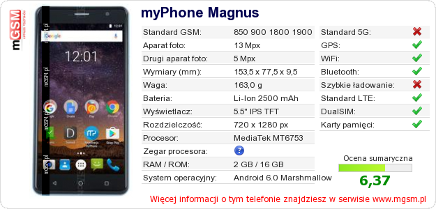 Dane telefonu myPhone Magnus