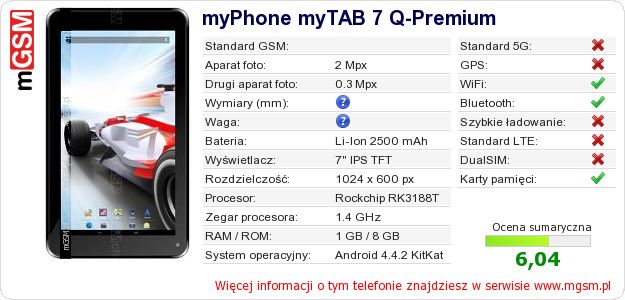 Dane telefonu myPhone myTAB 7 Q-Premium Dane telefonu myPhone myTAB 7 Q-Premium