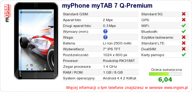 Dane telefonu myPhone myTAB 7 Q-Premium