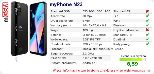 Dane telefonu myPhone N23