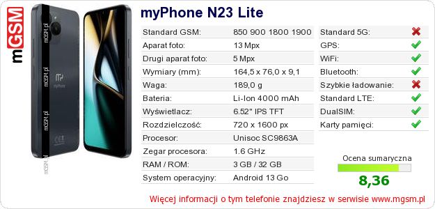 Dane telefonu myPhone N23 Lite Dane telefonu myPhone N23 Lite