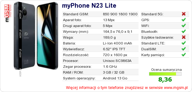 Dane telefonu myPhone N23 Lite