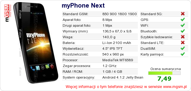 Dane telefonu myPhone Next Dane telefonu myPhone Next