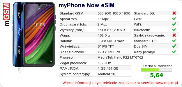 Dane telefonu myPhone Now eSIM