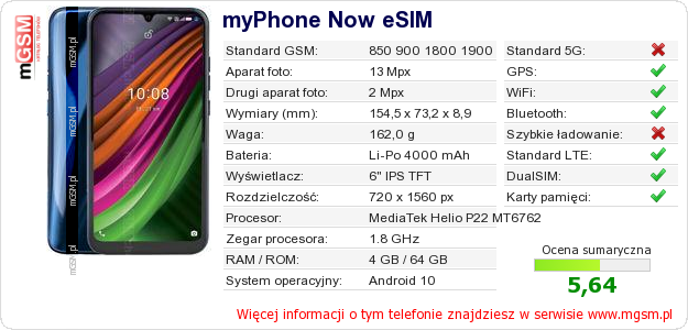 Dane telefonu myPhone Now eSIM