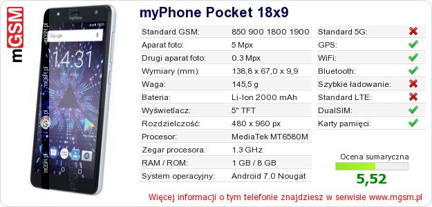 Dane telefonu myPhone Pocket 18x9