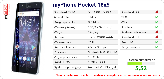 Dane telefonu myPhone Pocket 18x9