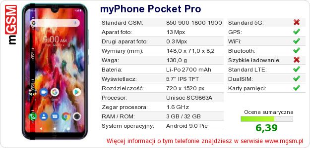 Dane telefonu myPhone Pocket Pro