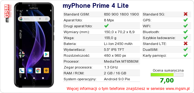 Dane telefonu myPhone Prime 4 Lite Dane telefonu myPhone Prime 4 Lite