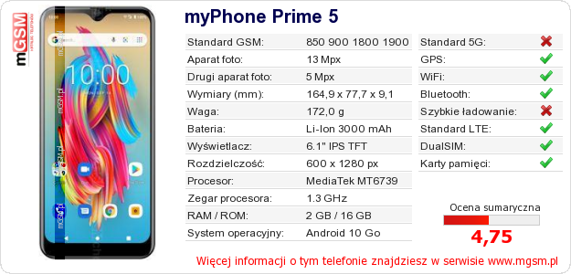 Dane telefonu myPhone Prime 5 Dane telefonu myPhone Prime 5