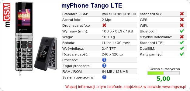 Dane telefonu myPhone Tango LTE