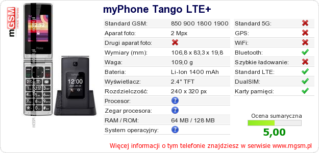 Dane telefonu myPhone Tango LTE+ Dane telefonu myPhone Tango LTE+