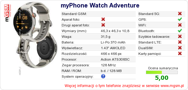 Dane telefonu myPhone Watch Adventure