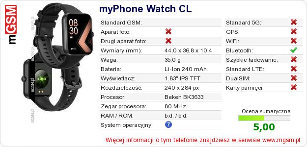 Dane telefonu myPhone Watch CL Dane telefonu myPhone Watch CL