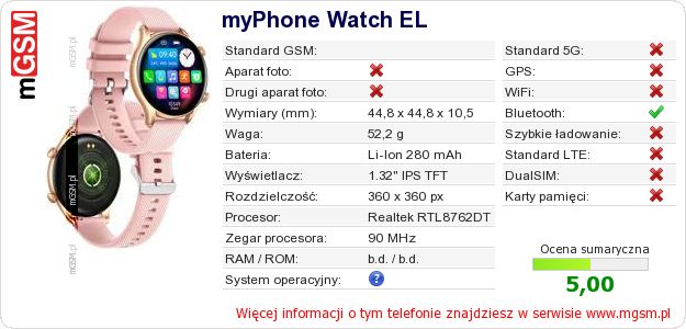 Dane telefonu myPhone Watch EL