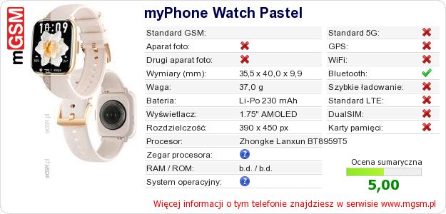 Dane telefonu myPhone Watch Pastel Dane telefonu myPhone Watch Pastel