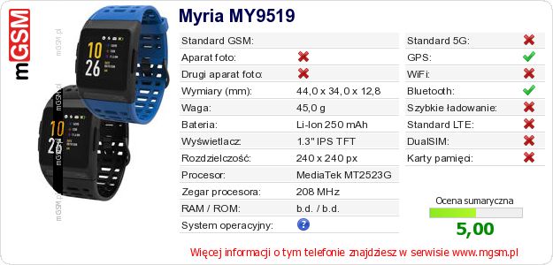 Dane telefonu Myria MY9519 Dane telefonu Myria MY9519