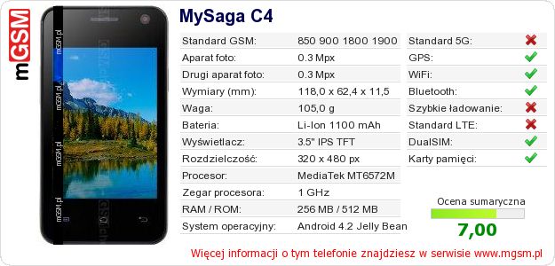 Dane telefonu MySaga C4