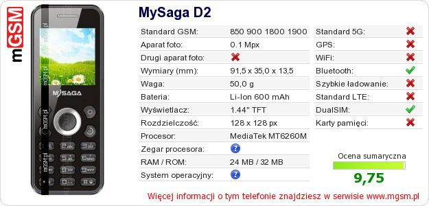 Dane telefonu MySaga D2 Dane telefonu MySaga D2