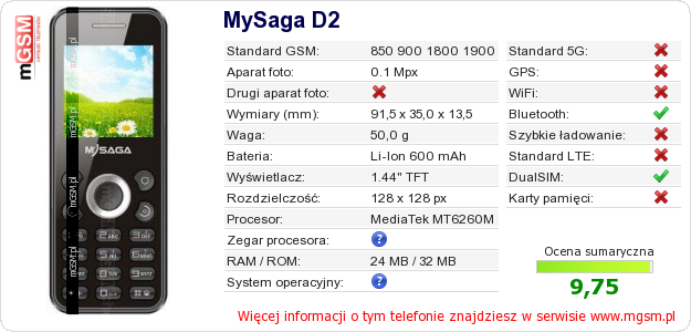 Dane telefonu MySaga D2
