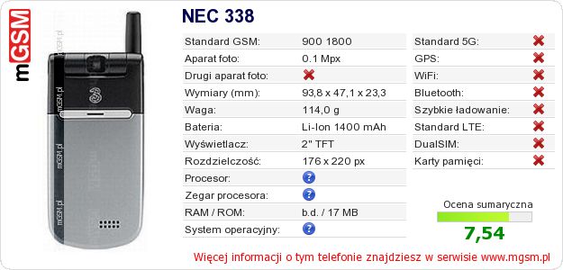 Dane telefonu NEC 338 Dane telefonu NEC 338