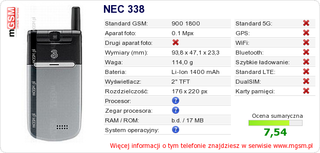 Dane telefonu NEC 338 Dane telefonu NEC 338