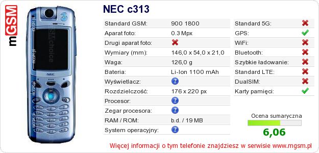 Dane telefonu NEC c313 Dane telefonu NEC c313
