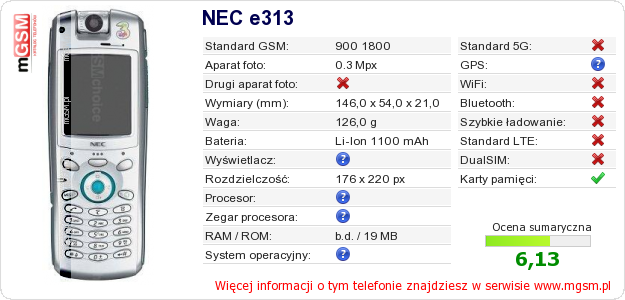 Dane telefonu NEC e313