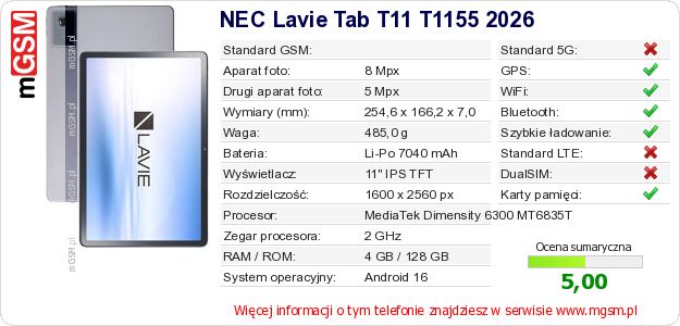 Dane telefonu NEC Lavie Tab T11 T1155 2026 Dane telefonu NEC Lavie Tab T11 T1155 2026