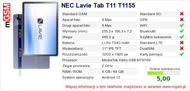 Dane telefonu NEC Lavie Tab T11 T1155