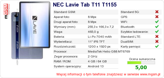 Dane telefonu NEC Lavie Tab T11 T1155 Dane telefonu NEC Lavie Tab T11 T1155