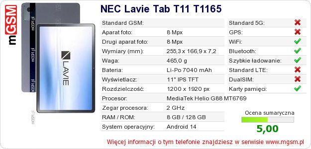 Dane telefonu NEC Lavie Tab T11 T1165