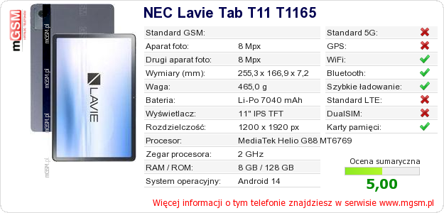 Dane telefonu NEC Lavie Tab T11 T1165