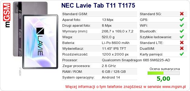 Dane telefonu NEC Lavie Tab T11 T1175