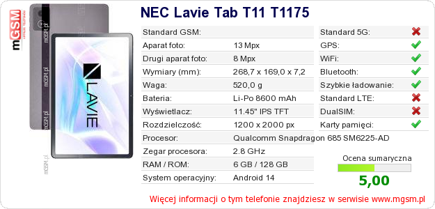 Dane telefonu NEC Lavie Tab T11 T1175