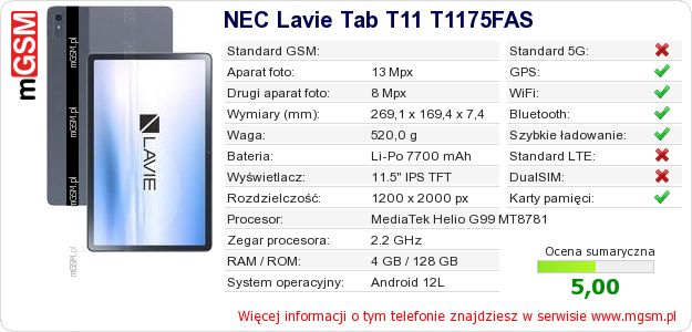 Dane telefonu NEC Lavie Tab T11 T1175FAS