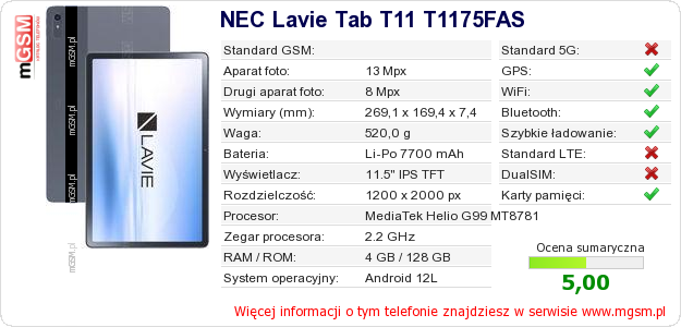 Dane telefonu NEC Lavie Tab T11 T1175FAS