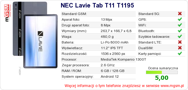 Dane telefonu NEC Lavie Tab T11 T1195