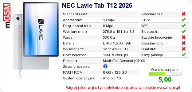 Dane telefonu NEC Lavie Tab T12 2026 Dane telefonu NEC Lavie Tab T12 2026