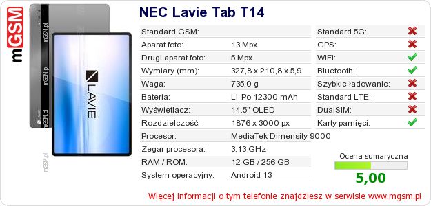 Dane telefonu NEC Lavie Tab T14 Dane telefonu NEC Lavie Tab T14