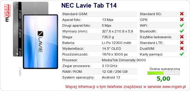 Dane telefonu NEC Lavie Tab T14