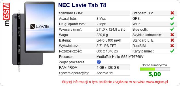 Dane telefonu NEC Lavie Tab T8