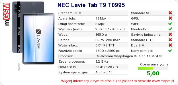 Dane telefonu NEC Lavie Tab T9 T0995