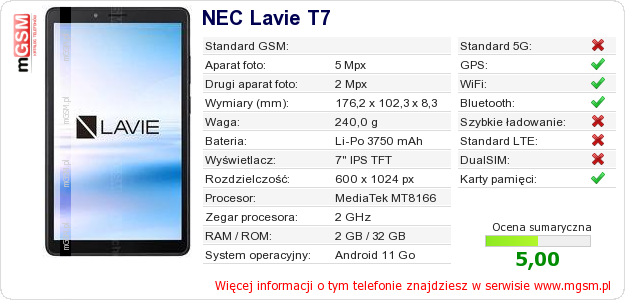 Dane telefonu NEC Lavie T7