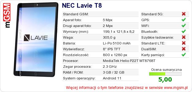 Dane telefonu NEC Lavie T8 Dane telefonu NEC Lavie T8