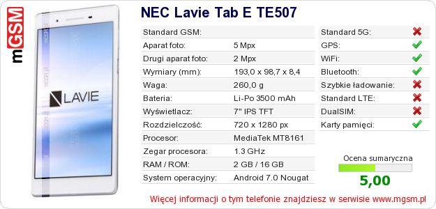 Dane telefonu NEC Lavie Tab E TE507 Dane telefonu NEC Lavie Tab E TE507