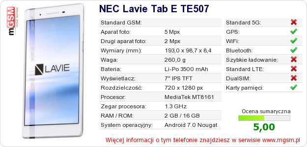 Dane telefonu NEC Lavie Tab E TE507